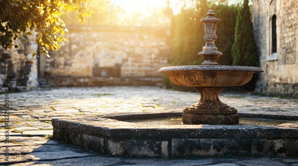 Aufkleber Serene stone courtyard with ancient fountain illuminated by morning light creating a tranquil atmosphere and ample space for text placement