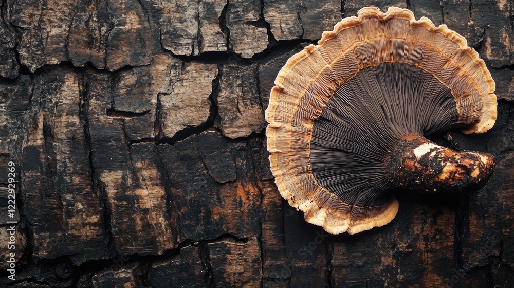Poster close up of turkey tail mycena mushroom on textured wooden bark with ample space for text placeholde
