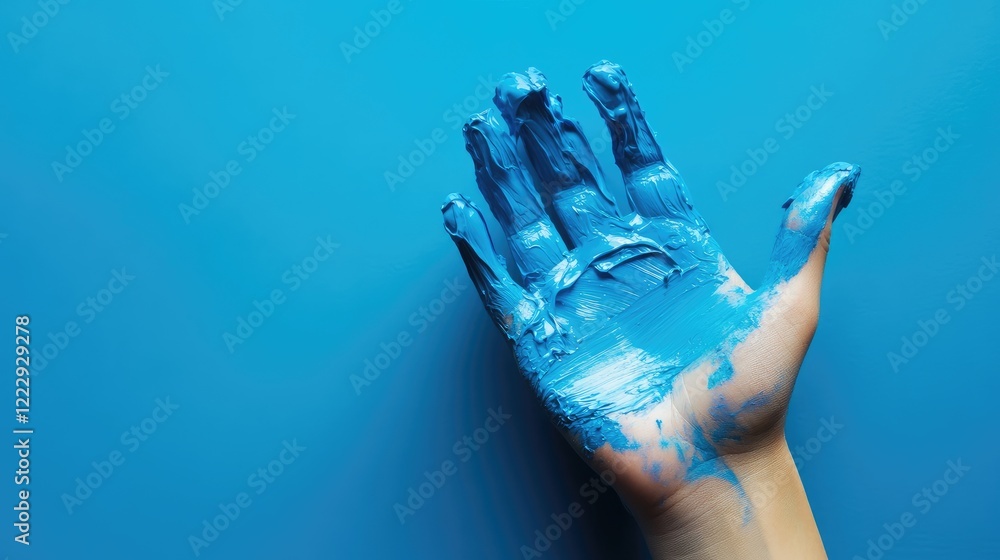 Poster close up of a hand covered in sky blue paint on a solid blue background with space for text or creat