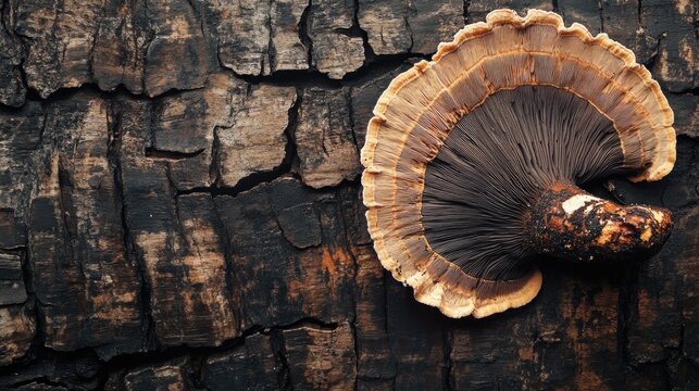 Close up of turkey tail mycena mushroom on textured wooden bark with ample space for text placeholder in a natural setting