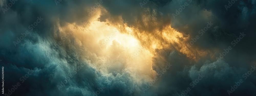 Poster dramatic sky with rays of sunlight piercing dark clouds creating a serene backdrop with ample space 
