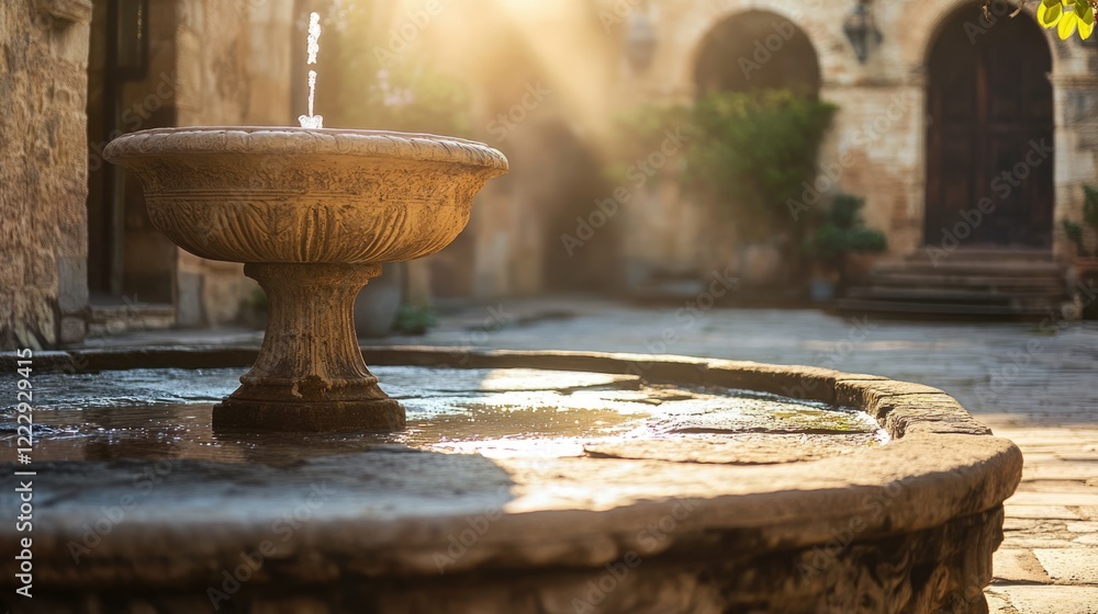 Aufkleber Stone courtyard with ancient fountain illuminated by morning light and serene ambiance offering ample copy space for text and design elements