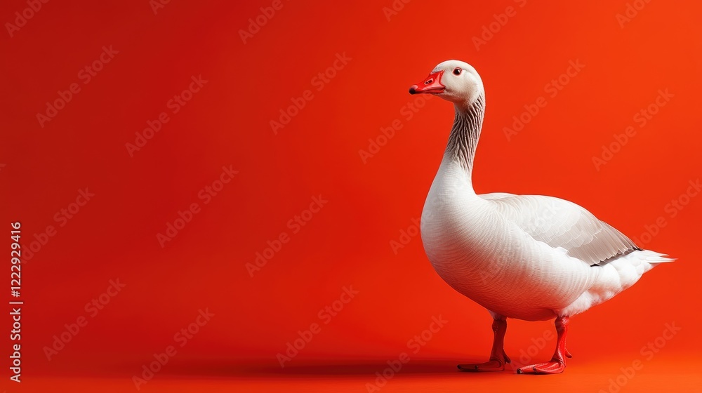 Poster indigenous shenxian grey goose standing against vibrant red background with ample space for text or 