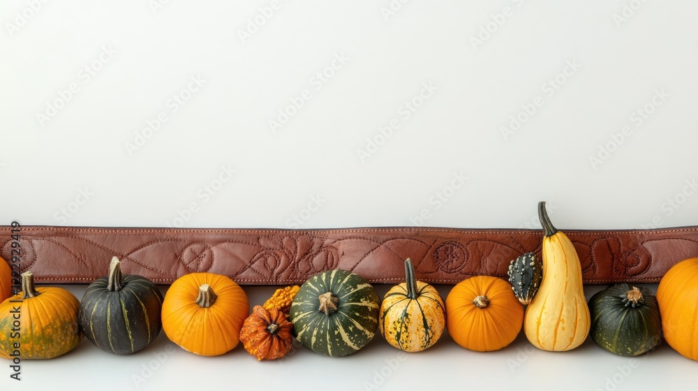 Poster Assorted pumpkins and gourds arranged on neutral background creating an inviting atmosphere for seasonal decorations or culinary uses