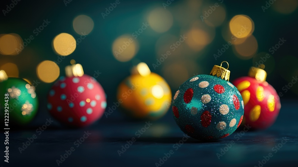 Poster close up of colorful holiday ornaments with soft bokeh lights on dark background ideal for festive g
