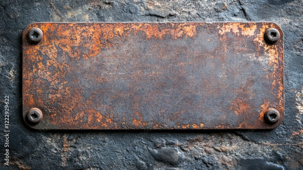 Poster Rusted metal plate with scratches and bolts on a grunge background providing empty space for custom text or design elements