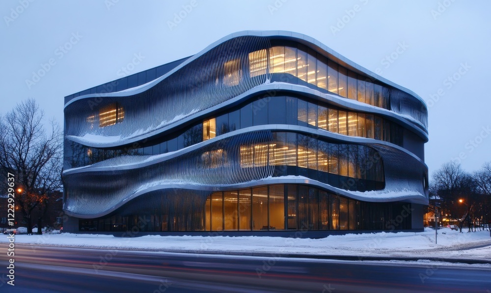Poster modern building designs, a rectangular 3 story building with a parametric thin horizontal wave like 