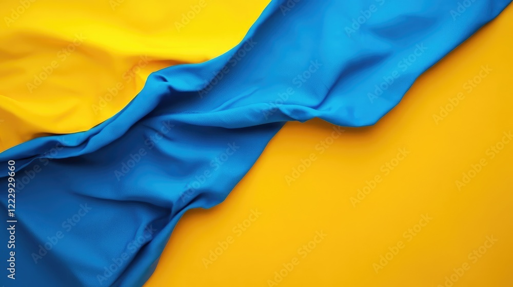 Aufkleber Close up of blue and yellow fabric textures with flowing drapes and ample empty space for text or design elements