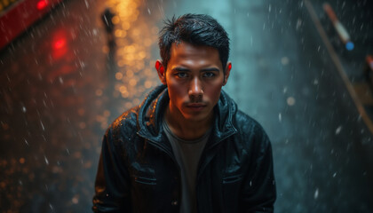Obraz premium portrait of a man on the street of a night city, it's raining, street lights are reflected, raindrops, gloomy surroundings at dusk