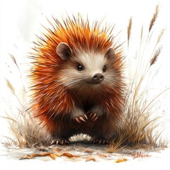 A cute, cartoon-style hedgehog with vibrant orange quills stands amidst soft grass and autumn leaves