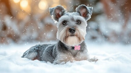 Miniature Schnauzer Dog Playing in Winter Snow