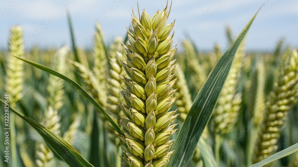Aufkleber Close up of ripening green wheat ear amidst a rich field backdrop with ample space for text and messaging applications
