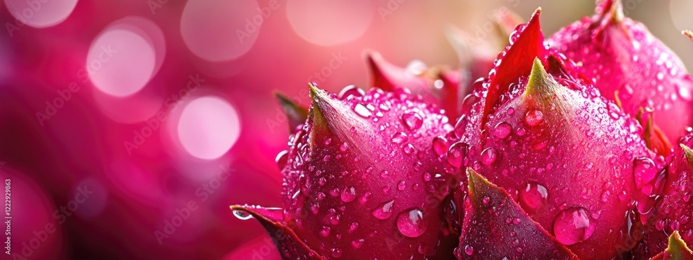 Aufkleber vivid dragon fruit close-up with dew drops creating a fresh background and ample space for text or b