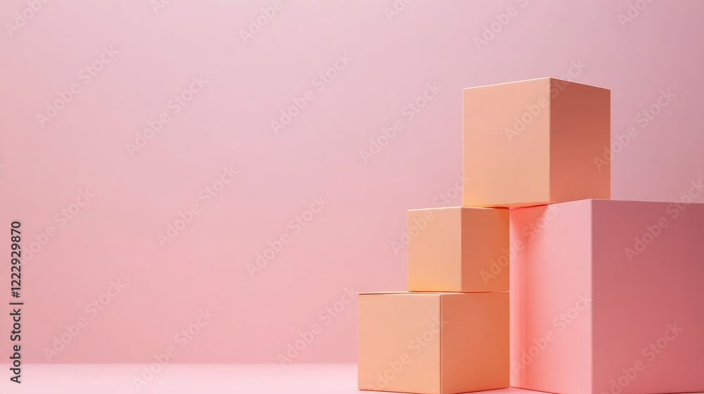 Poster minimalist commercial packaging display with colored boxes on pink background and empty space for te