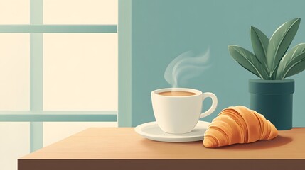 Cup of steaming coffee beside a croissant, cozy kitchen setting with green plant, inviting ambiance for relaxation or morning routine.