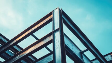 Contemporary steel frame structures with clear blue sky showcasing modern architecture and potential for text placement in construction projects