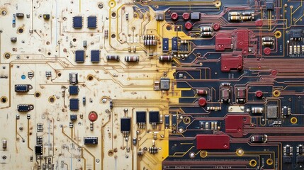 Close up of detailed electronic circuit board showcasing microchips and wires with ample blank space for graphical or textual overlay