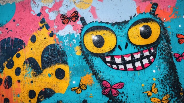 Whimsical street art featuring a colorful monster with butterflies and ample space for text or promotional content.