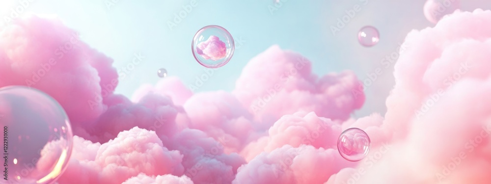 Poster dreamy pastel background featuring soft pink clouds and transparent spheres against a serene sky wit