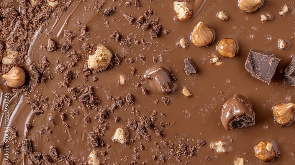 Poster Delicious close up of hazelnut praline chocolate with crunchy bits and liquid chocolate creating a tempting dessert backdrop for text