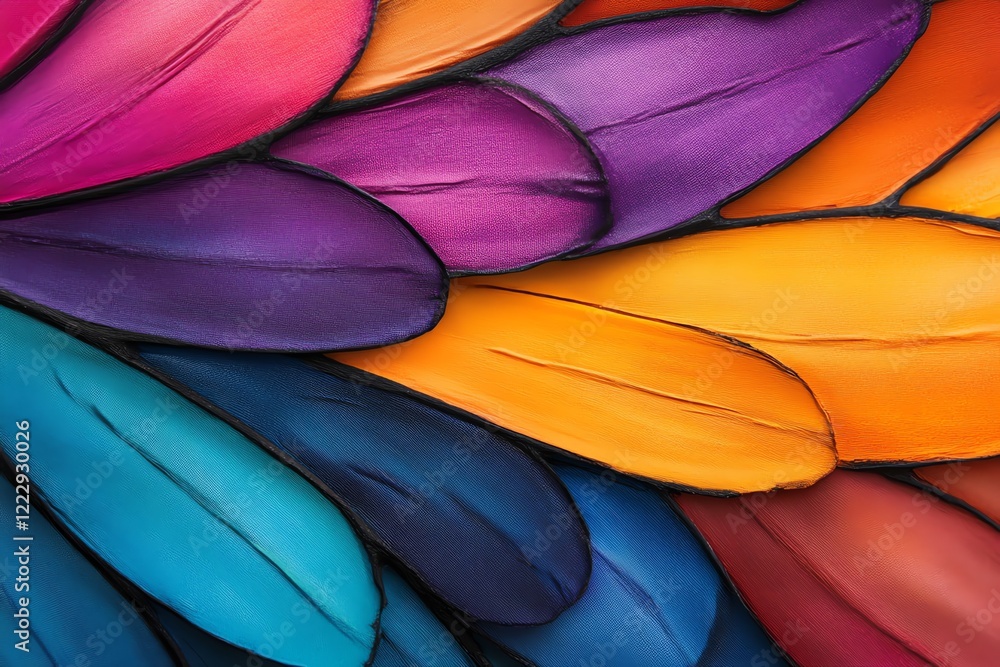Poster vibrant abstract design featuring colorful feather-like shapes in various hues.