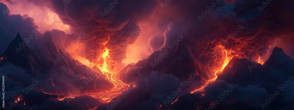 Poster dramatic volcanic eruption capturing flowing lava and billowing smoke with ample space for text for 