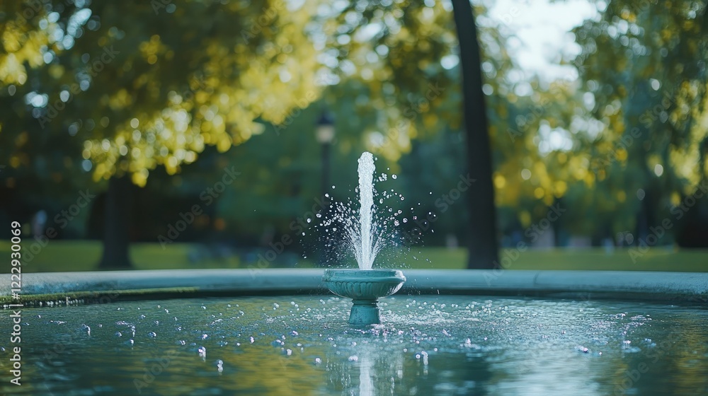 Poster Serene close-up of a park fountain surrounded by lush greenery with ample space for text and design elements in a peaceful setting
