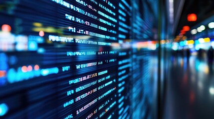 Digital information display in airport with blurred background highlighting departure announcements and empty space for text insert.