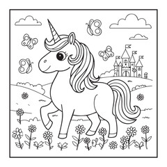 Hand drawn unicorn coloring book illustration children drawing © Nadira Designer 