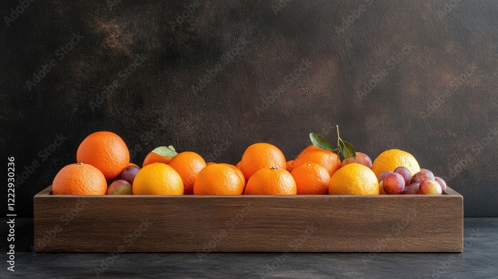 Poster assorted oranges and grapefruit in wooden box on dark background with empty space for text or brandi