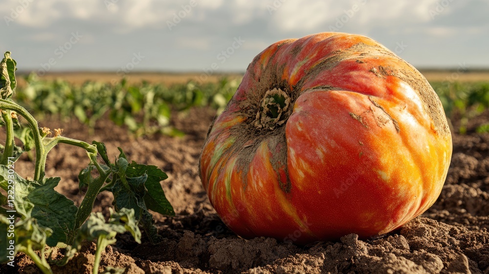 Aufkleber close up view of ripe heirloom tomato resting on fertile soil in expansive vibrant agricultural fiel