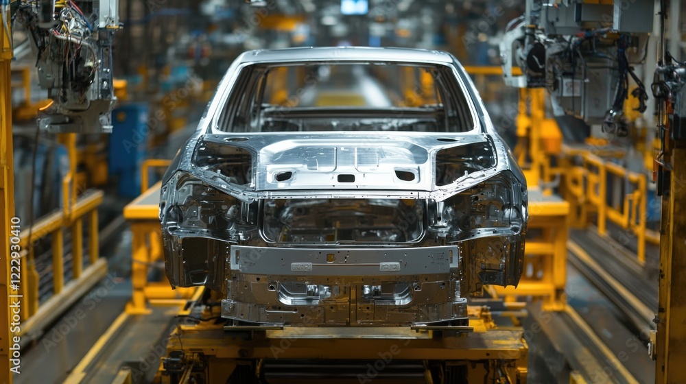 Poster metal rolling process in modern car factory showcasing vehicle frame assembly with space for text or