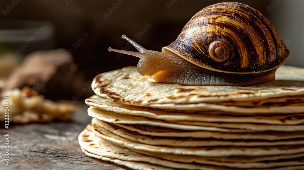 Poster Giant snail on a stack of tortillas exploring homemade dish ingredients with rustic background and empty space for text on top.