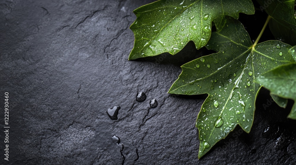 Poster close up of fresh green leaves with rainwater droplets on textured stone background and ample space 