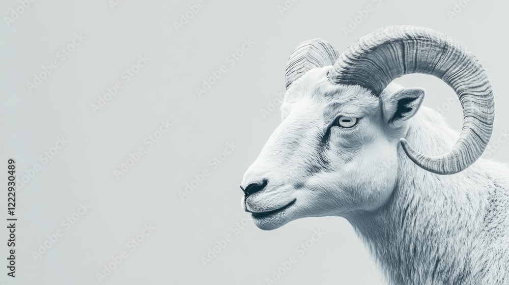 Poster close up of a horned sheep head showcasing distinctive features and personality with ample space for