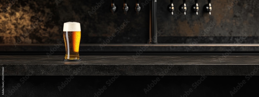 Poster draft lager beer on tap with empty glass on counter and pub background in low angle perfect for mark