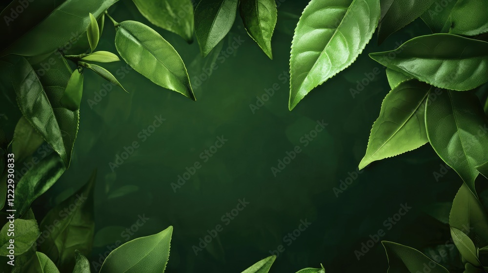 Poster lush green tea leaves surrounding a dark background for nature and agriculture concepts with ample e