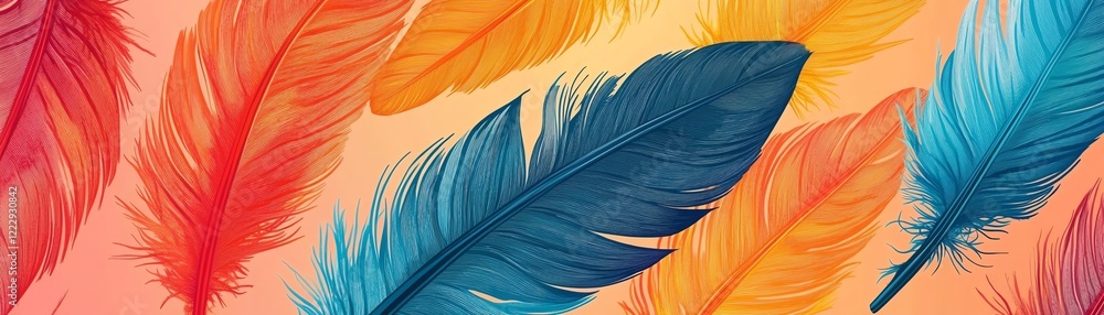 Poster vibrant colored feathers creating an artistic and playful background design.