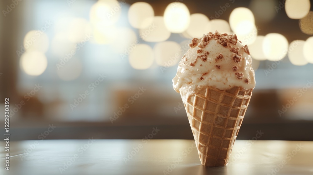 Aufkleber Close up of Delicious Ice Cream Cone on Table with Blurred Background and Space for Text or Advertisement