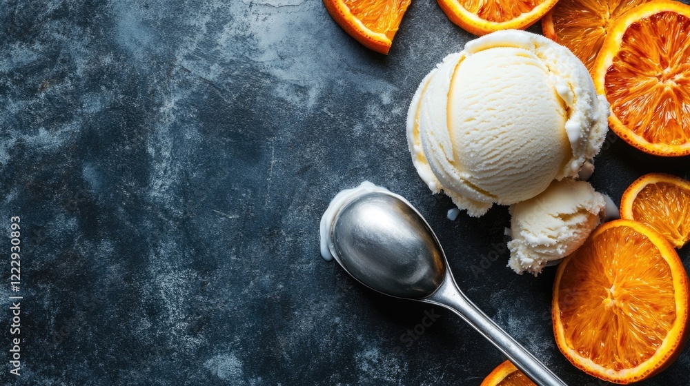Aufkleber Close up of creamy vanilla ice cream scoop surrounded by fresh orange slices on dark background with empty space for text or design