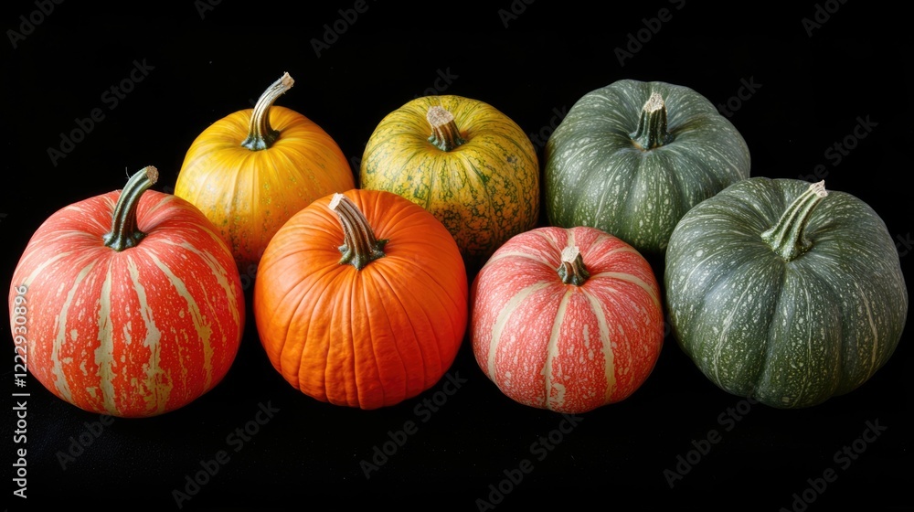 Poster Assorted colorful pumpkins arranged on a black background with ample space for text or design elements. Perfect for seasonal themes.