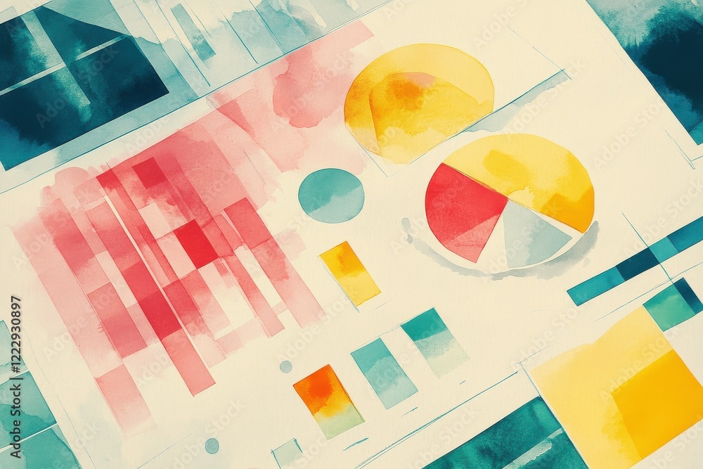 Aufkleber a colorful watercolor illustration featuring abstract shapes and pie charts, representing data visua
