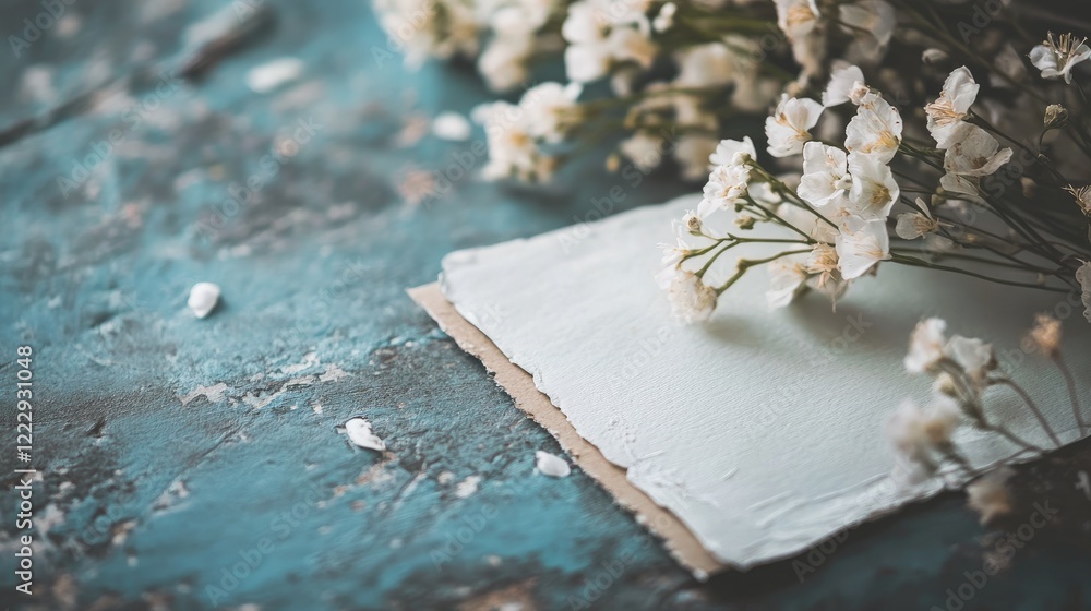 Poster Handcrafted greeting card on a rustic table with delicate white flowers and empty space for personalized text or messages