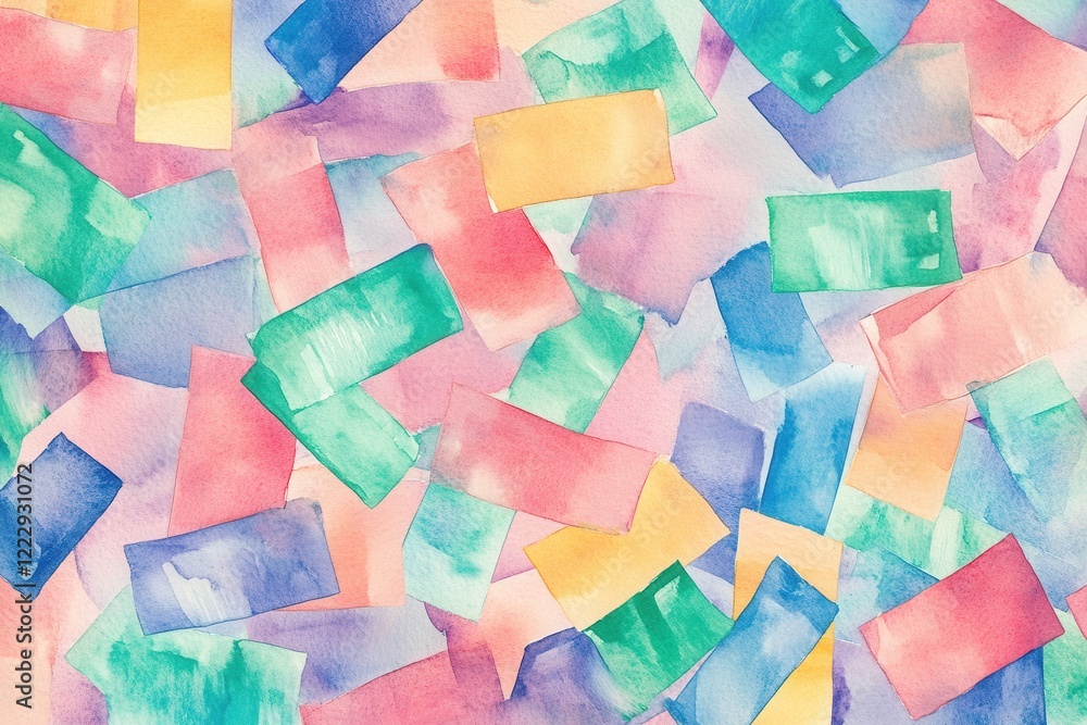 Poster a vibrant watercolor composition featuring overlapping shapes in various colors, creating a lively a