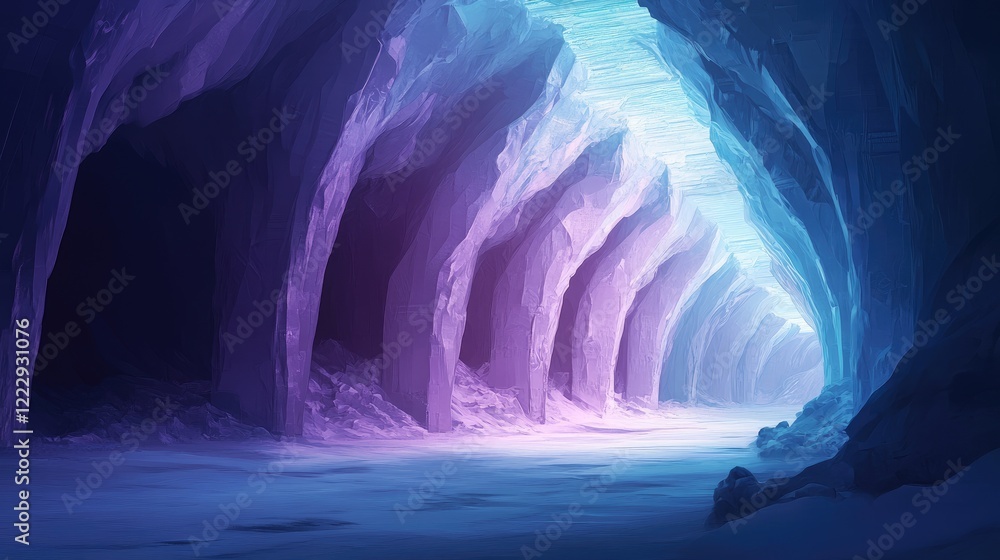 Poster vibrant digital art of an underground tunnel structure with soft lighting and expansive empty space 