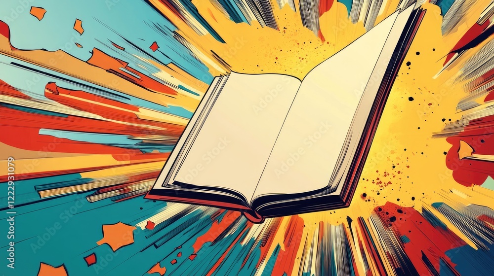 Poster dynamic comic book explosion with open blank pages ideal for creative text integration and marketing