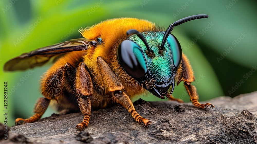 Poster close up of vibrant bee on wood log in nature with blurred green background and empty space for text