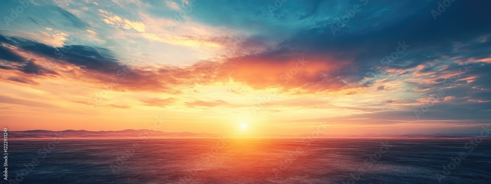Poster dramatic sunset over expansive desert landscape with vibrant colors and ample empty space for text a