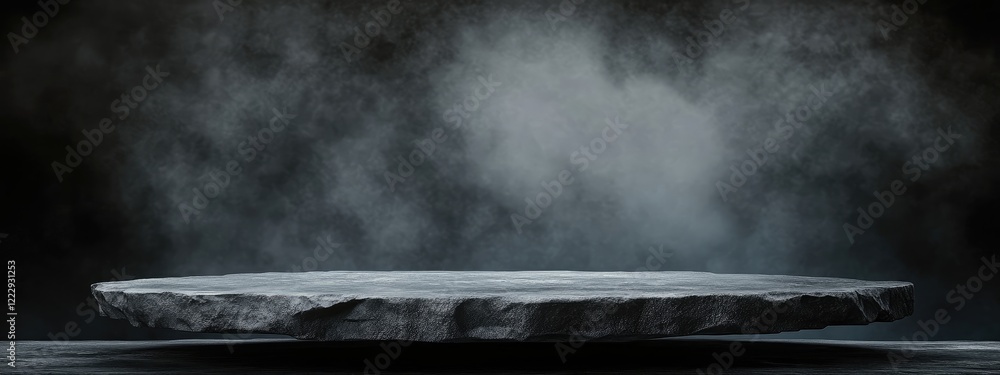 Poster mysterious dark gray clouds above a flat stone surface with fog ideal for text placement and dramati