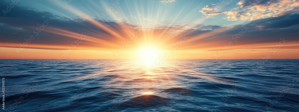 Poster vibrant sunset over ocean horizon with dramatic clouds and light beams creating serene atmosphere an